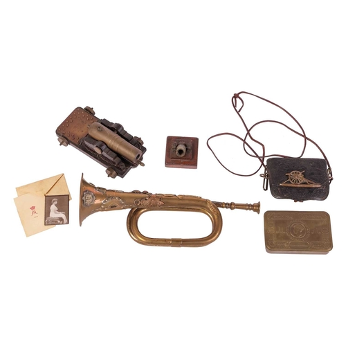 171 - A small collection of militaria, to include an Edwardian mahogany and bronze working miniature coeho... 