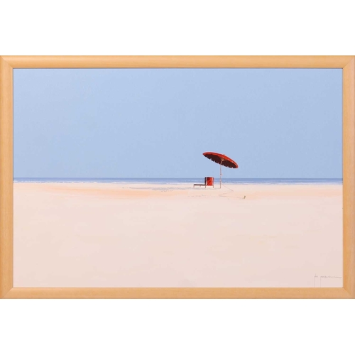 22 - † John Horsewell (b.1952) Parasol and lounger on a beach signed 'John Horsewell' (lower right) oil o... 