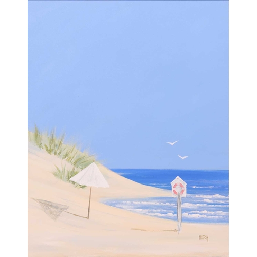 22 - † John Horsewell (b.1952) Parasol and lounger on a beach signed 'John Horsewell' (lower right) oil o... 