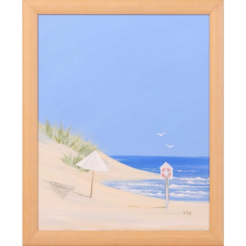 22 - † John Horsewell (b.1952) Parasol and lounger on a beach signed 'John Horsewell' (lower right) oil o... 