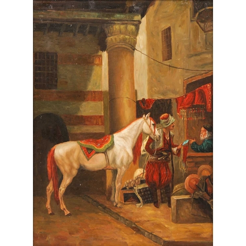 28 - Orientalist School (20th century) Horse and handler in a Turkish bazaar oil on panel 40.5 x 30 cm, f... 