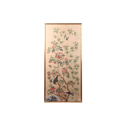 45 - Two hand-blocked 'Chinoiserie' wallpaper panels, probably 18th/19th century French (?) decorated wit... 