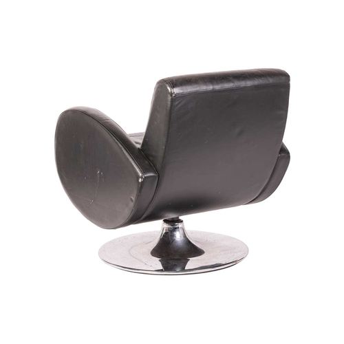 50 - A 'Mid Century Vintage' black leather swivel armchair, with rollover arms and spreading chrome disc ... 