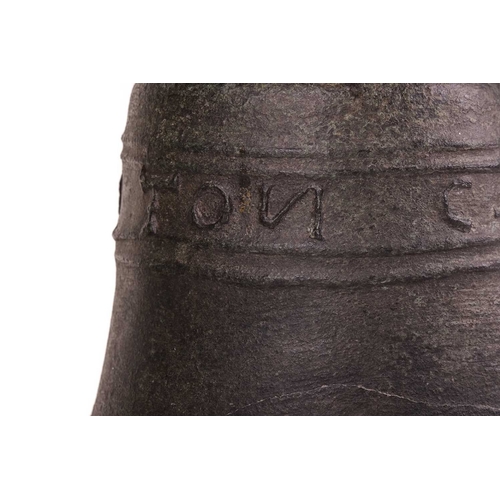 78 - A 17th century bronze church bell, maker Ashton, with crown staple, the bell's shoulder cast with tw... 