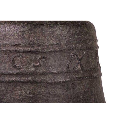 78 - A 17th century bronze church bell, maker Ashton, with crown staple, the bell's shoulder cast with tw... 