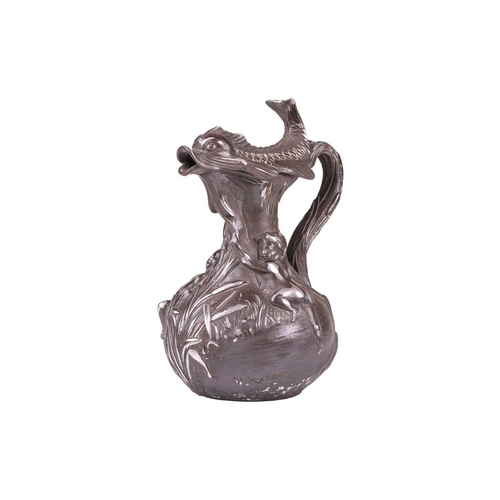 79 - Henri Huppe (1855-1904) French, an Art Nouveau lidded pewter water jug, modelled with children among... 