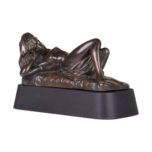 82 - Edmond Leveque (1814-1875) French, a patinated bronze of a reclining female nude, partially draped a... 