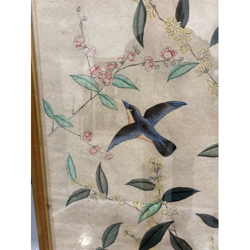 45 - Two hand-blocked 'Chinoiserie' wallpaper panels, probably 18th/19th century French (?) decorated wit... 