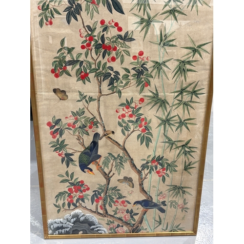 45 - Two hand-blocked 'Chinoiserie' wallpaper panels, probably 18th/19th century French (?) decorated wit... 