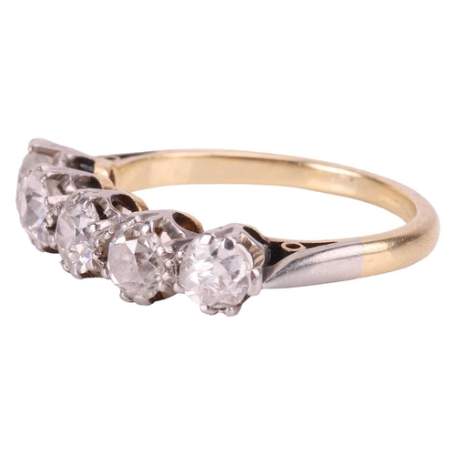 104 - A five stone diamond ring, featuring five old-cut diamonds with an estimated total carat weight of 1... 