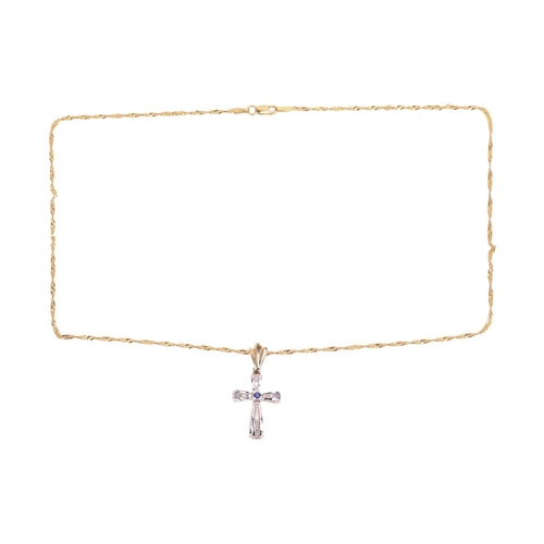 107 - A gem-set cross pendant on chain, the cross pendant centred with a circular-cut sapphire highlight, ... 