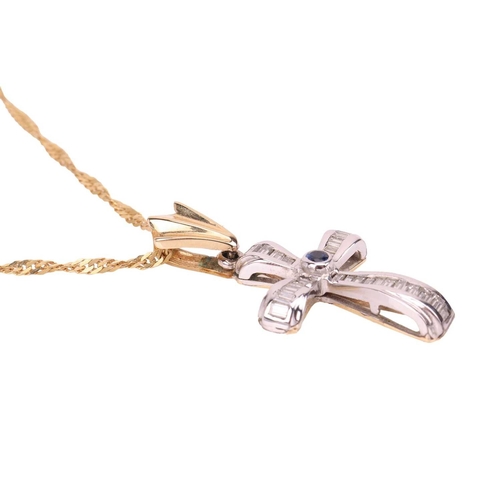 107 - A gem-set cross pendant on chain, the cross pendant centred with a circular-cut sapphire highlight, ... 