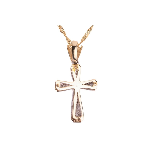 107 - A gem-set cross pendant on chain, the cross pendant centred with a circular-cut sapphire highlight, ... 