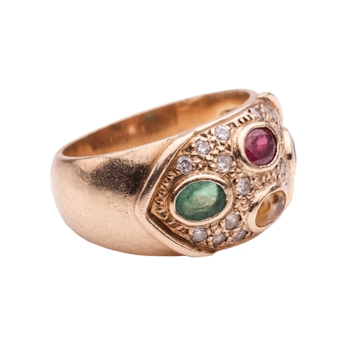108 - A gem-set dress ring, featuring an oval-cut emerald, a sapphire, a ruby and a citrine in collets, se... 