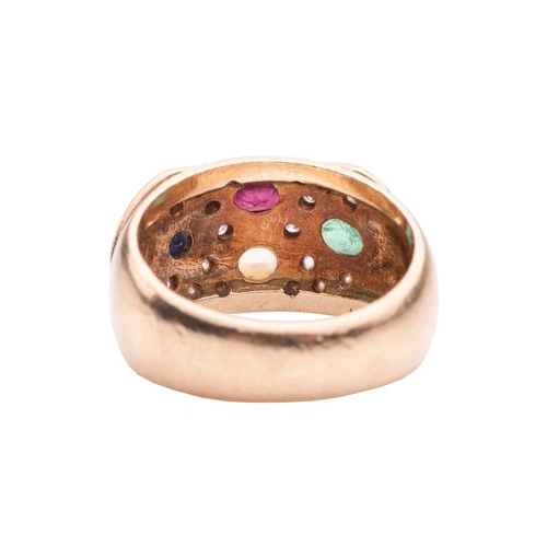 108 - A gem-set dress ring, featuring an oval-cut emerald, a sapphire, a ruby and a citrine in collets, se... 
