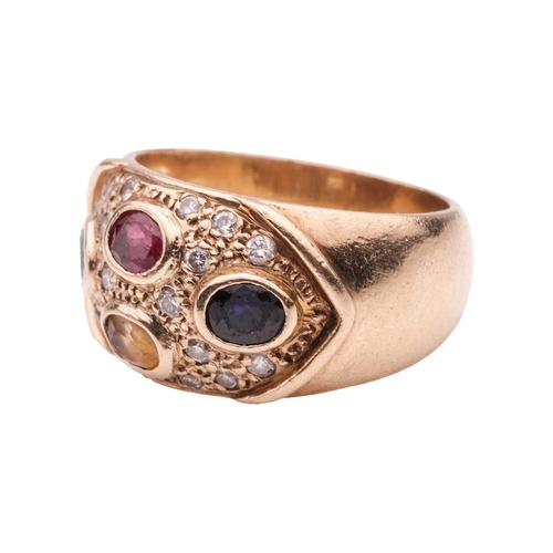 108 - A gem-set dress ring, featuring an oval-cut emerald, a sapphire, a ruby and a citrine in collets, se... 