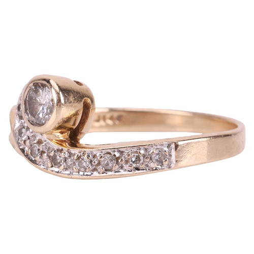 116 - A diamond-set dress ring, of asymmetrical swirl design, collet-set with a central brilliant-cut diam... 