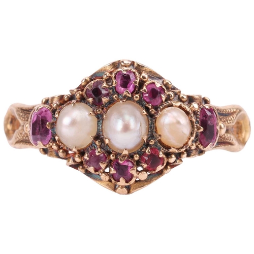 22 - A Victorian seed pearl and ruby ring, of cluster design, centred with three seed pearls, encircled b... 