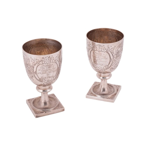 356 - A pair of Victorian silver presentation goblets for the 3rd Militia Battalion East Surrey Regiment, ... 