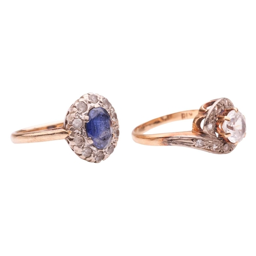 69 - Two rings, comprising a sapphire and paste cluster ring, to a yellow metal shank marked '9ct', size ... 