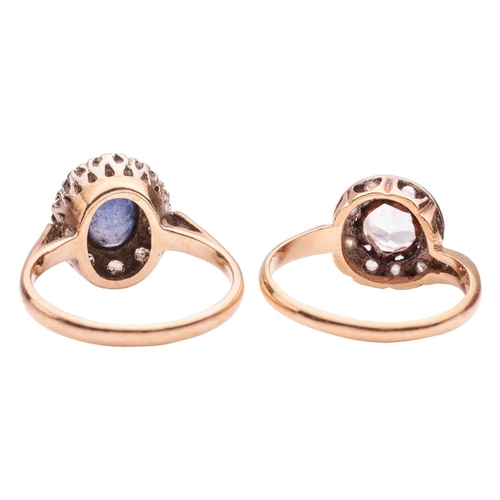 69 - Two rings, comprising a sapphire and paste cluster ring, to a yellow metal shank marked '9ct', size ... 