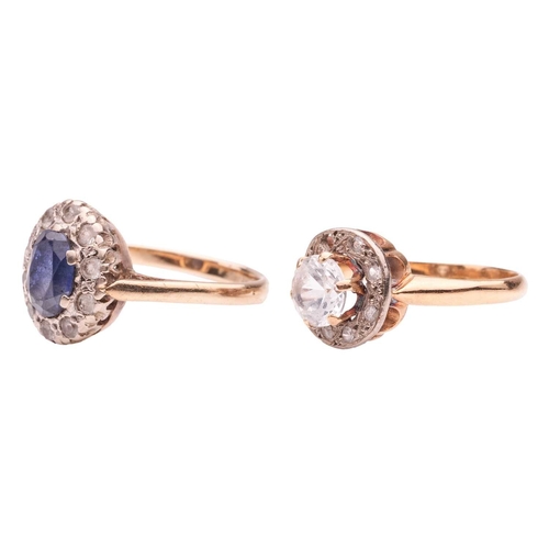 69 - Two rings, comprising a sapphire and paste cluster ring, to a yellow metal shank marked '9ct', size ... 