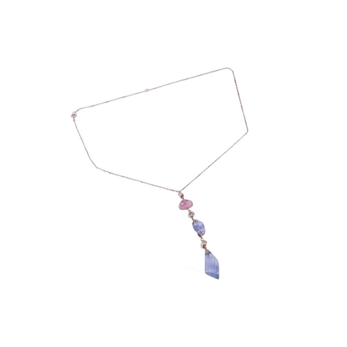 89 - A sapphire and diamond lavaliere necklace, the pendant comprising a tumbled pink sapphire and two sa... 