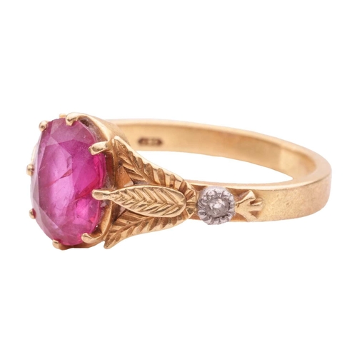 98 - An 18ct gold ruby and diamond-set ring, centred with a claw-set oval-cut ruby of vivid pinkish-red c... 