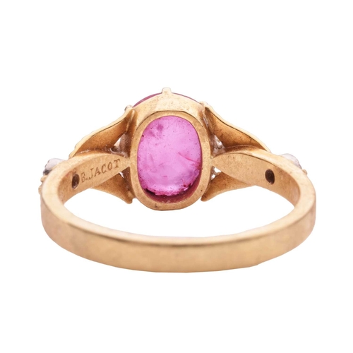 98 - An 18ct gold ruby and diamond-set ring, centred with a claw-set oval-cut ruby of vivid pinkish-red c... 