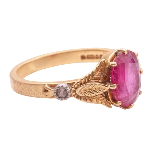 98 - An 18ct gold ruby and diamond-set ring, centred with a claw-set oval-cut ruby of vivid pinkish-red c... 