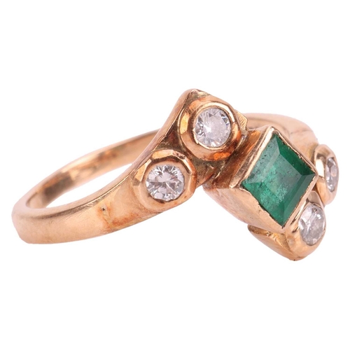 46 - An emerald and diamond crossover ring, centred with a square table-cut emerald in collet, between by... 