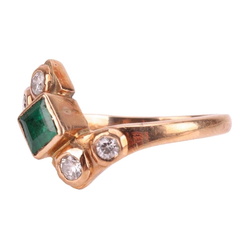 46 - An emerald and diamond crossover ring, centred with a square table-cut emerald in collet, between by... 