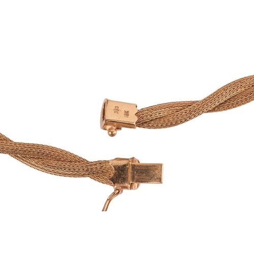 54 - A twisted mesh necklace, leading to a push bar clasp with safety catch, in yellow metal marked '18K'... 