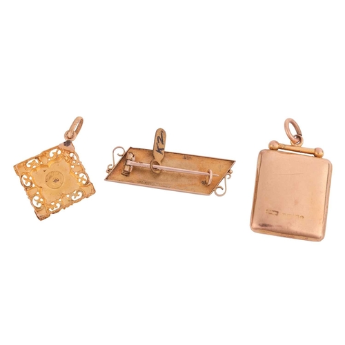 29 - A locket, a pendant and a brooch; the polished rectangular locket gypsy-set with a single seed pearl... 