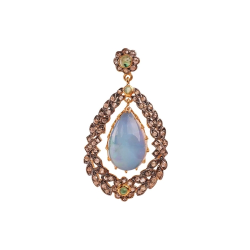 116 - An opal and diamond pendant, centred with a teardrop-shaped opal cabochon of 15.2mm x 9.8mm, suspend... 