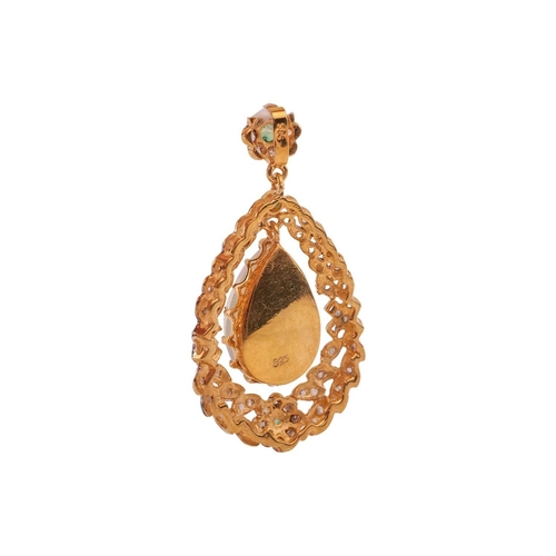 116 - An opal and diamond pendant, centred with a teardrop-shaped opal cabochon of 15.2mm x 9.8mm, suspend... 