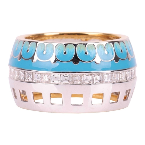 119 - A 'Hanging Gardens of Babylon' modern pale-blue enamel and diamond ring, assumed by Caratiff, in the... 