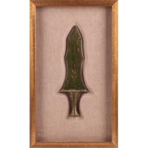 124 - Dong Son Culture: a patinated bronze flame-shaped spear head, (800-BCE-200 CE), of good, rich 'Jade'... 