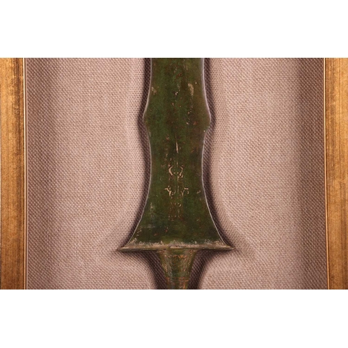 124 - Dong Son Culture: a patinated bronze flame-shaped spear head, (800-BCE-200 CE), of good, rich 'Jade'... 