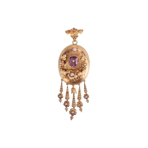 10 - A Late 19th century Etruscan Revival brooch cum pendant, of oval form, with applied floral motifs, s... 