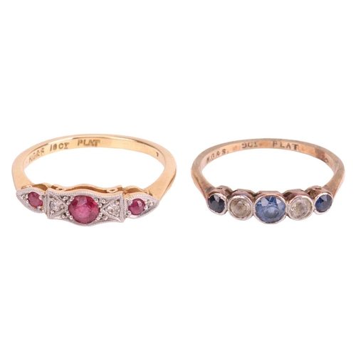 20 - Two Rings; The first a ruby and single-cut diamond ring, featuring three graduated round-cut rubies ... 