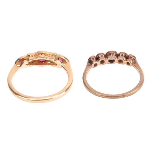 20 - Two Rings; The first a ruby and single-cut diamond ring, featuring three graduated round-cut rubies ... 