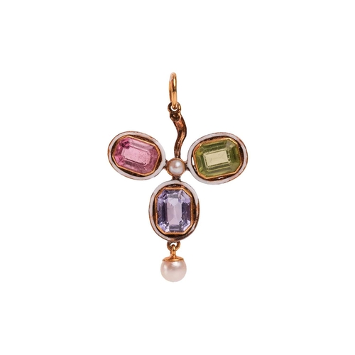 27 - An Edwardian gem-set trefoil pendant, the stylised foliate comprising an octagonal-cut pink tourmali... 