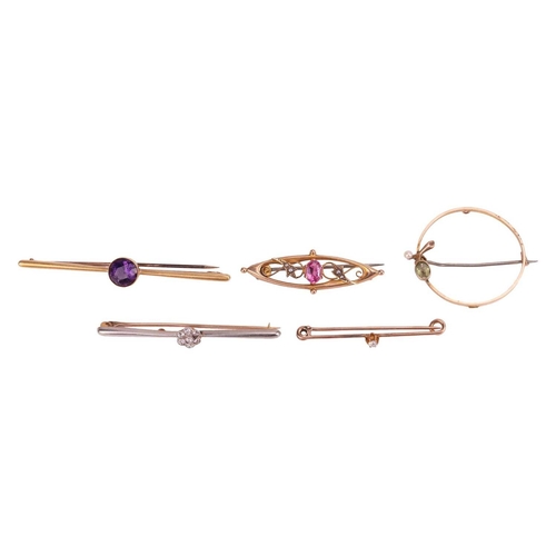 45 - A collection of five gem-set brooches; comprising an amethyst-set bar brooch, in yellow metal marked... 