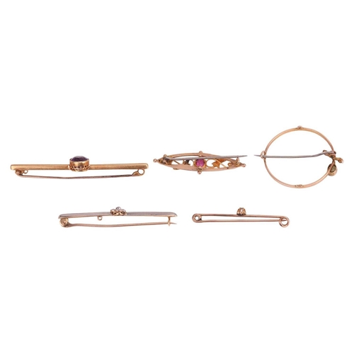 45 - A collection of five gem-set brooches; comprising an amethyst-set bar brooch, in yellow metal marked... 