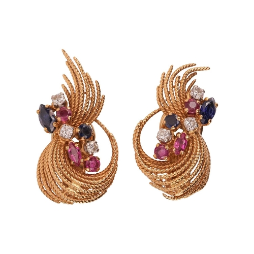 50 - Kutchinsky - A pair of gem-set clip-on earrings in 18ct yellow gold, the stylised sprays of swirl fo... 