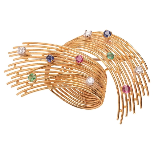 53 - A gem-set abstract swirl brooch, circa 1960s, loop motif constructed by wires, dotted with circular-... 