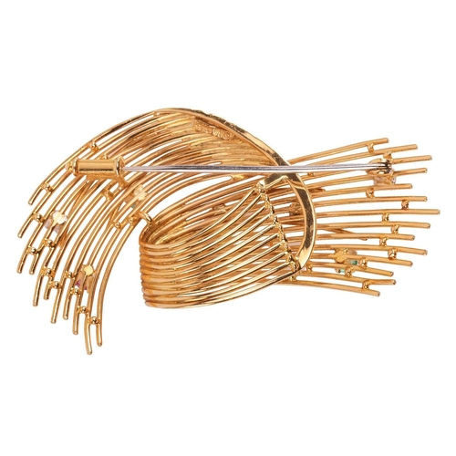 53 - A gem-set abstract swirl brooch, circa 1960s, loop motif constructed by wires, dotted with circular-... 