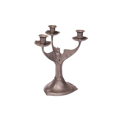 189 - A Kayserzinn pewter 'Bats' three-branch candelabra, early 20th century, attributed to Hugo Leven, fa... 