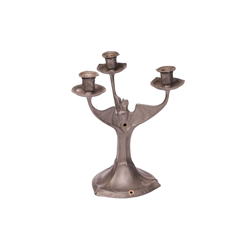 189 - A Kayserzinn pewter 'Bats' three-branch candelabra, early 20th century, attributed to Hugo Leven, fa... 
